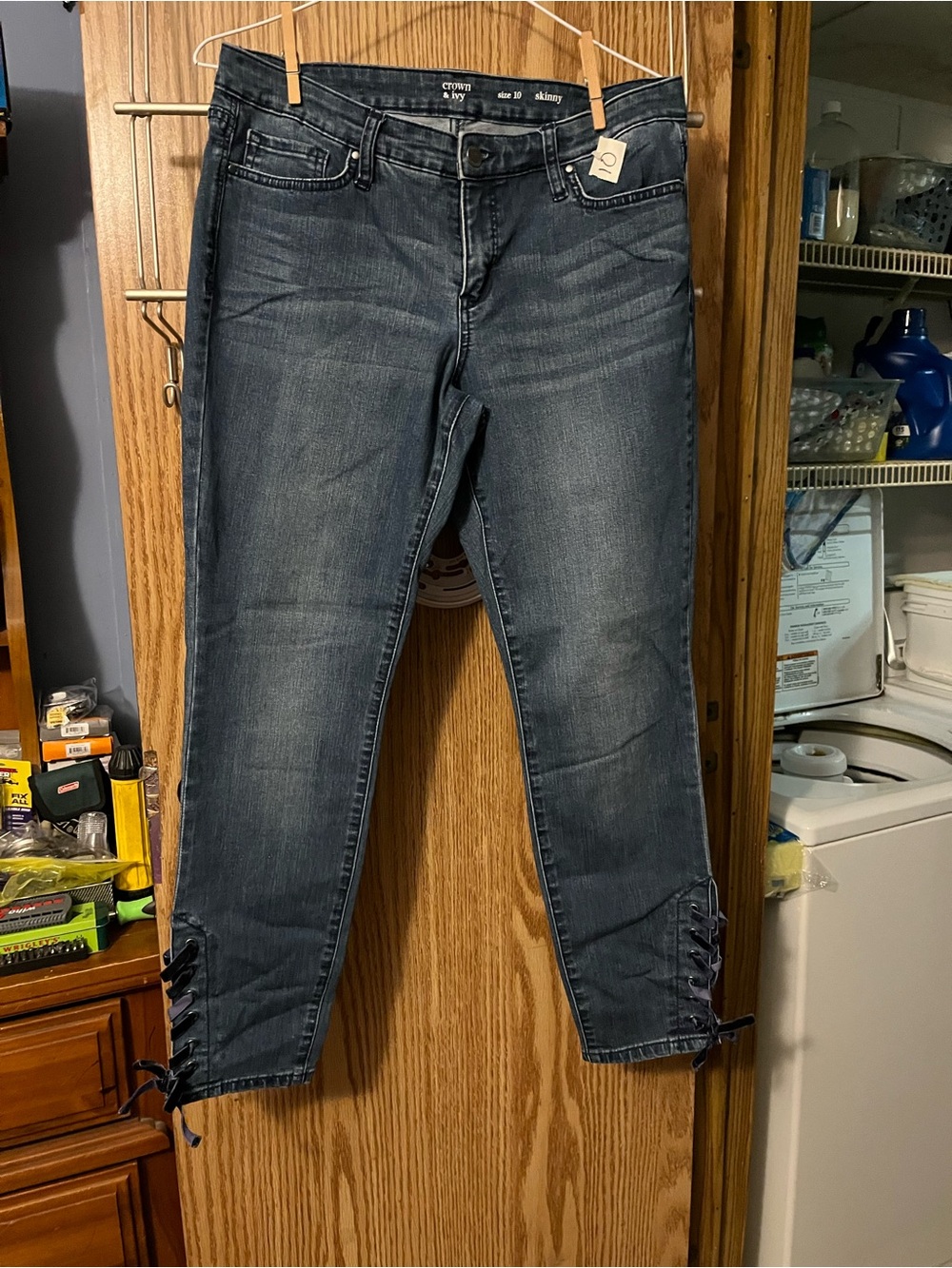 crown & ivy Washed Blue Skinny Jeans with Ankle Lace-Up